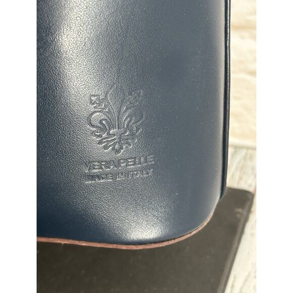Vera Pelle Italian‎ Leather Handbag Crossbody Blue With Brown Silvertone - Picture 3 of 16